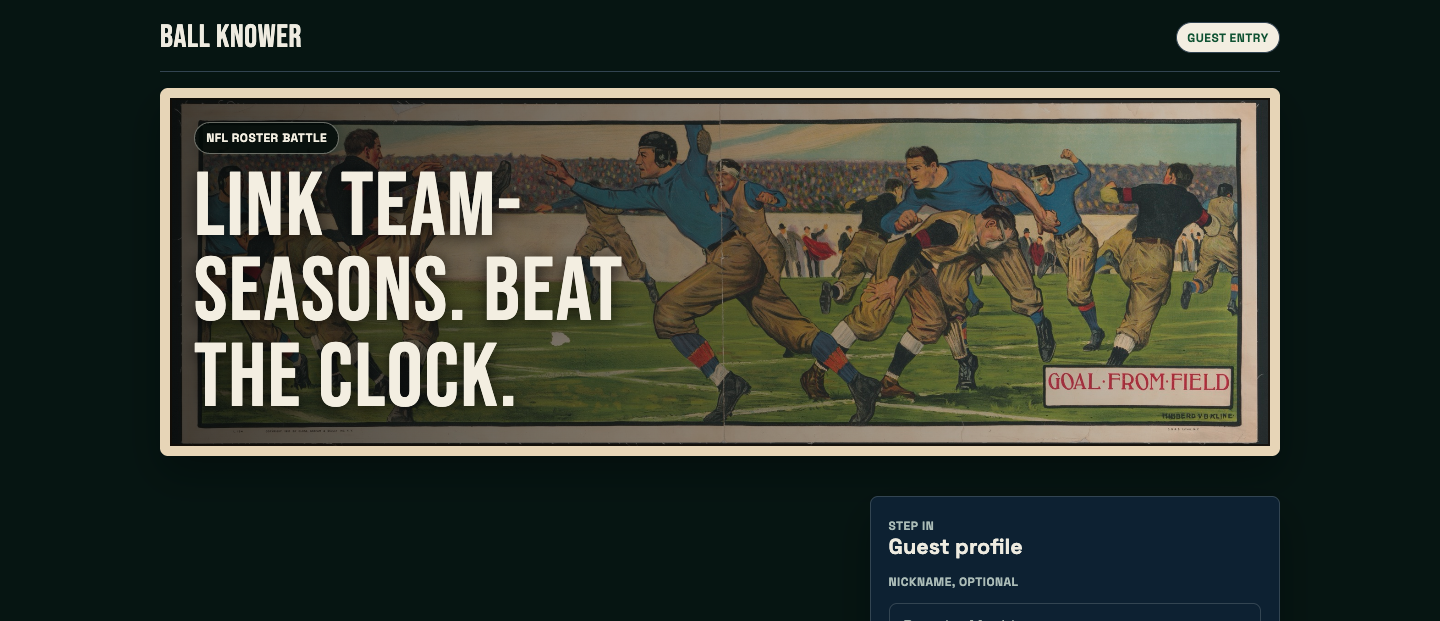 Ball Knower homepage with football masthead artwork, guest profile entry, and game premise