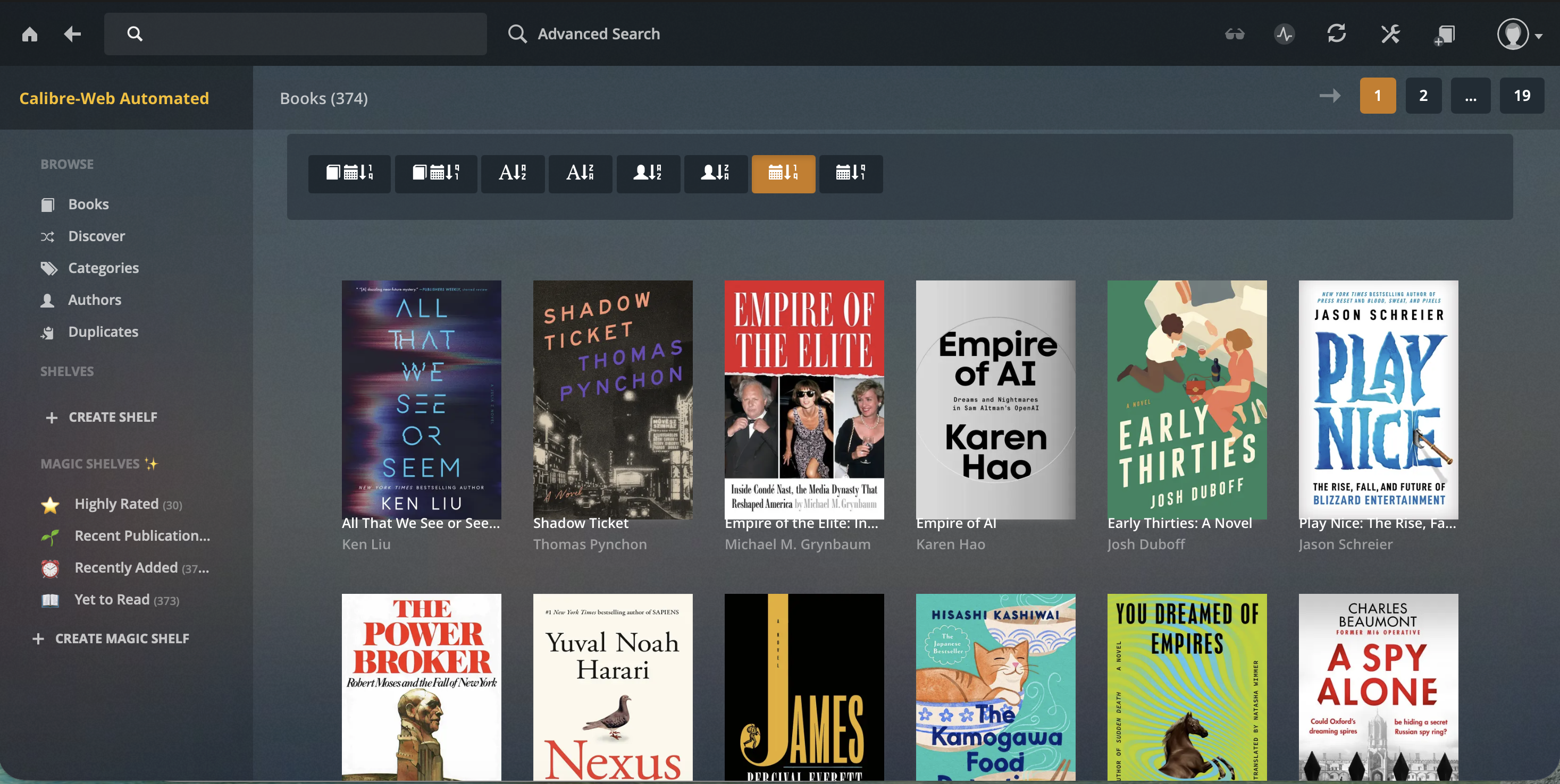 Calibre-Web Automated library interface with book covers, shelf navigation, and sorting controls