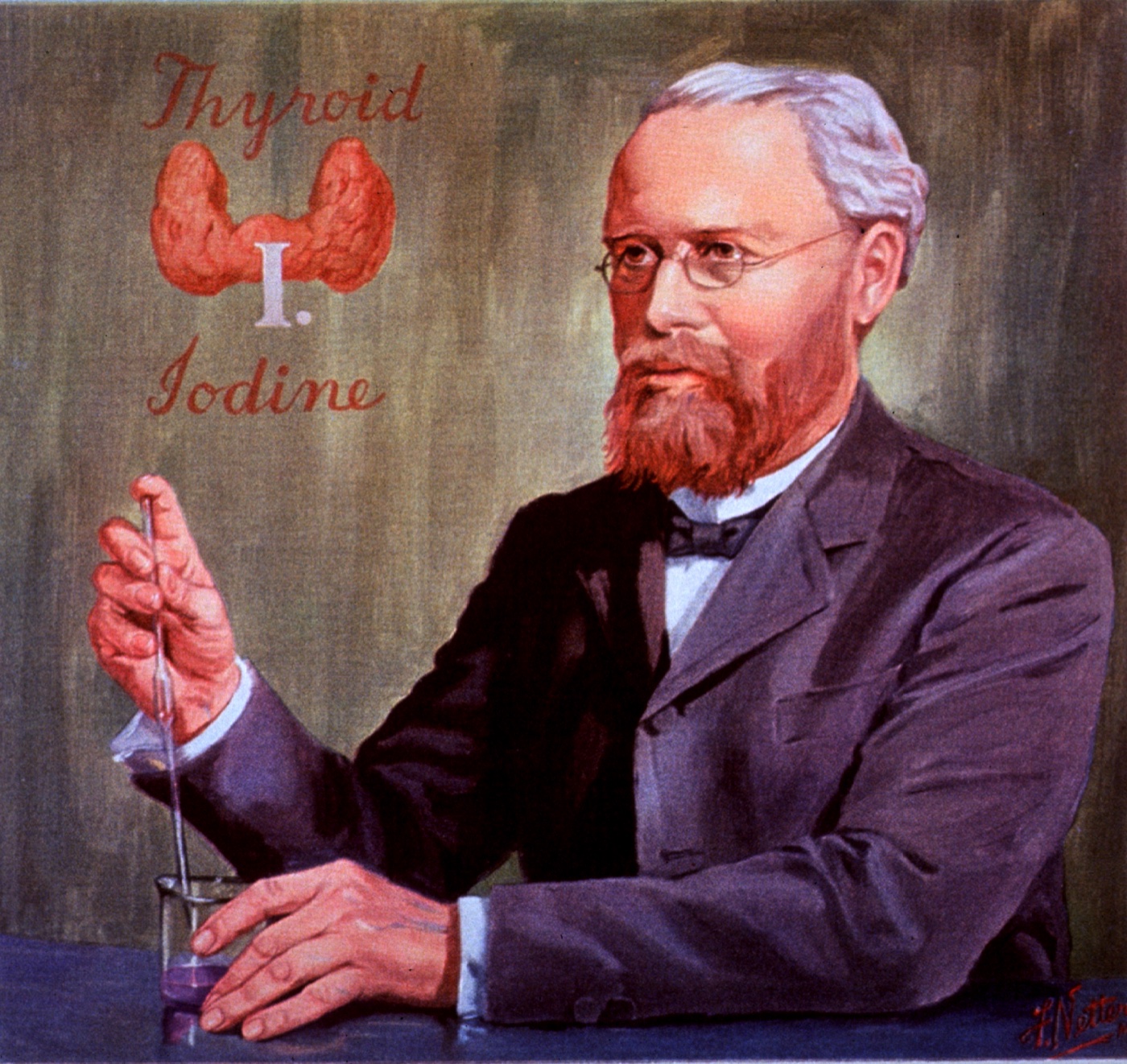 Illustration of a chemist holding an iodine sample beside thyroid and iodine lettering.