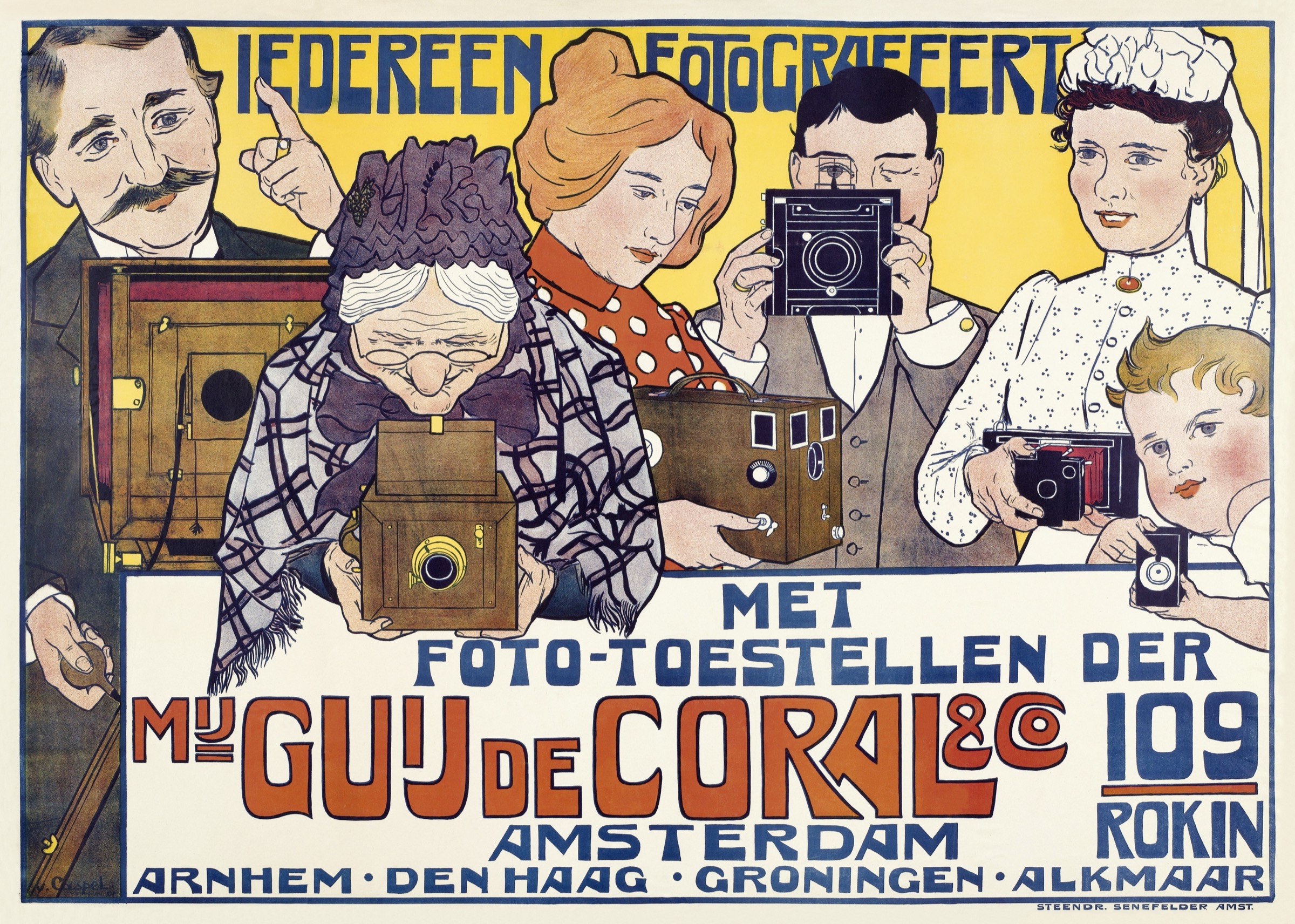 Vintage camera poster with photographers and large display lettering