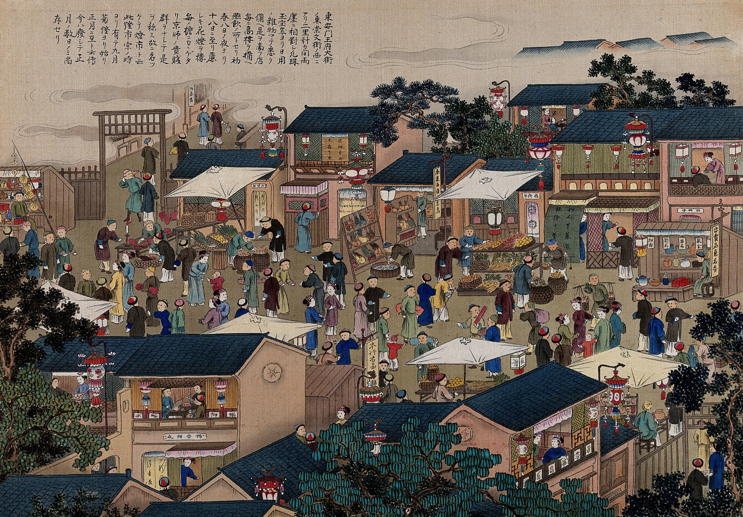 Crowded historical market scene used as a visual metaphor for market research signals