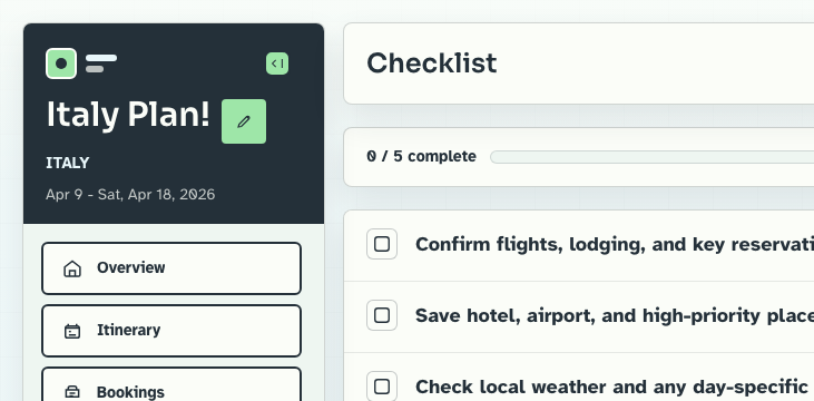 Travel Planner checklist view showing task-based trip preparation inside the shared trip shell.