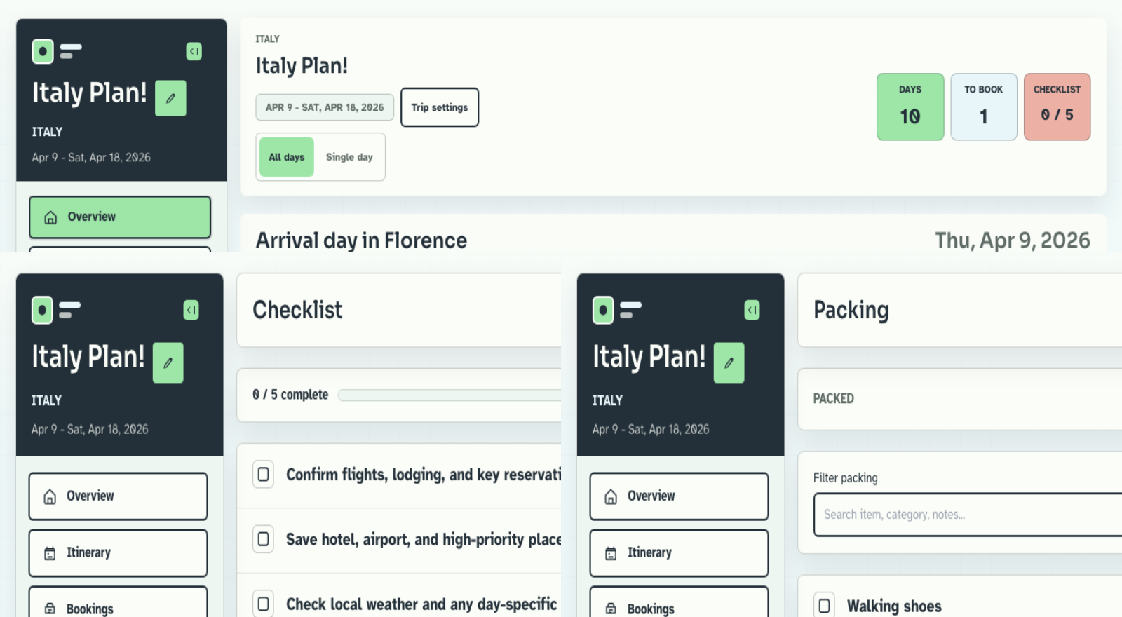 Collage of Travel Planner overview, checklist, and packing views