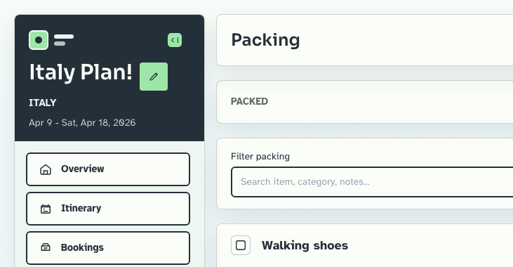 Travel Planner packing view showing structured item tracking and lightweight filters.